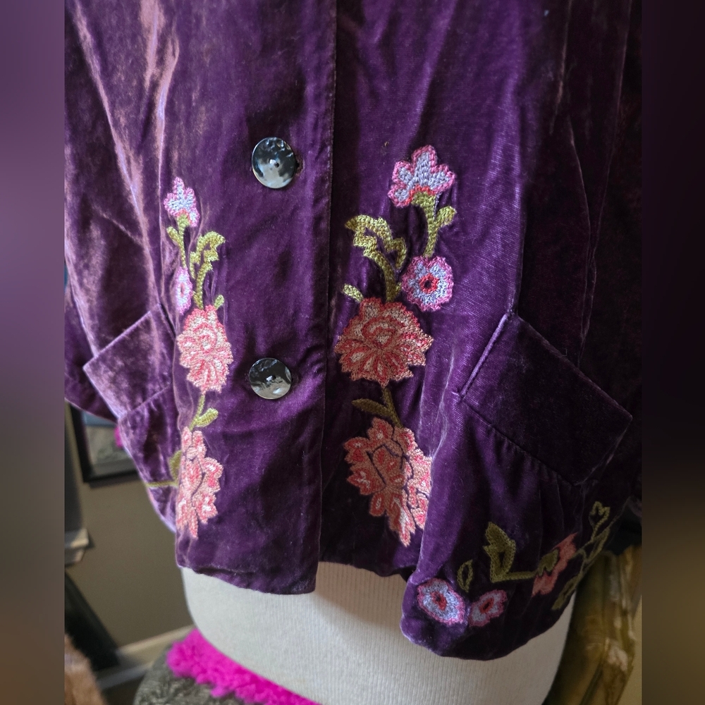 Artsy and Chic J.Jill Plum Velvet Embroidered Button-Front Jacket - Picture 6 of 8